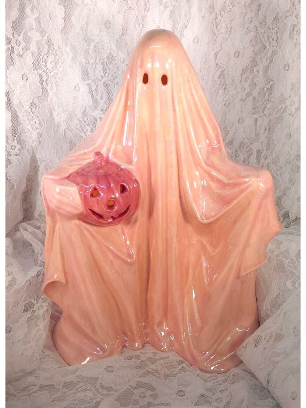 Pink Ceramic Ghost Figurine With Crackle Glaze & Jack-O-Lantern 9" Lighted Decor
